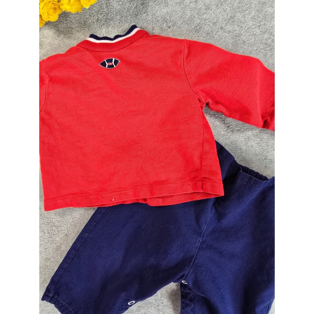 Vintage 70s Baby Boy Red Cardigan Navy Blue Pants Set Sport Football Detail 6-9m - Picture 2 of 16